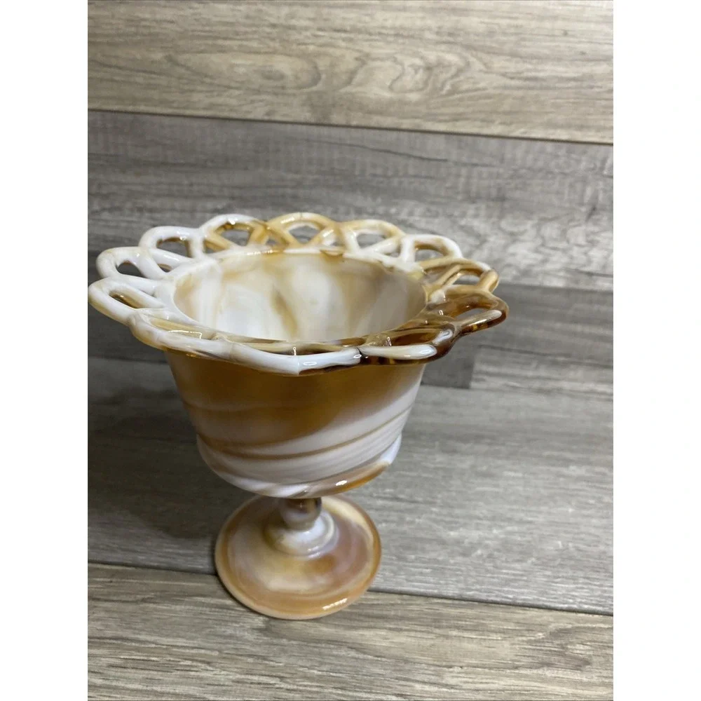 Vtg Laced Edge Imperial Slag Glass Caramel  Pedestal Candy Dish Planter USA